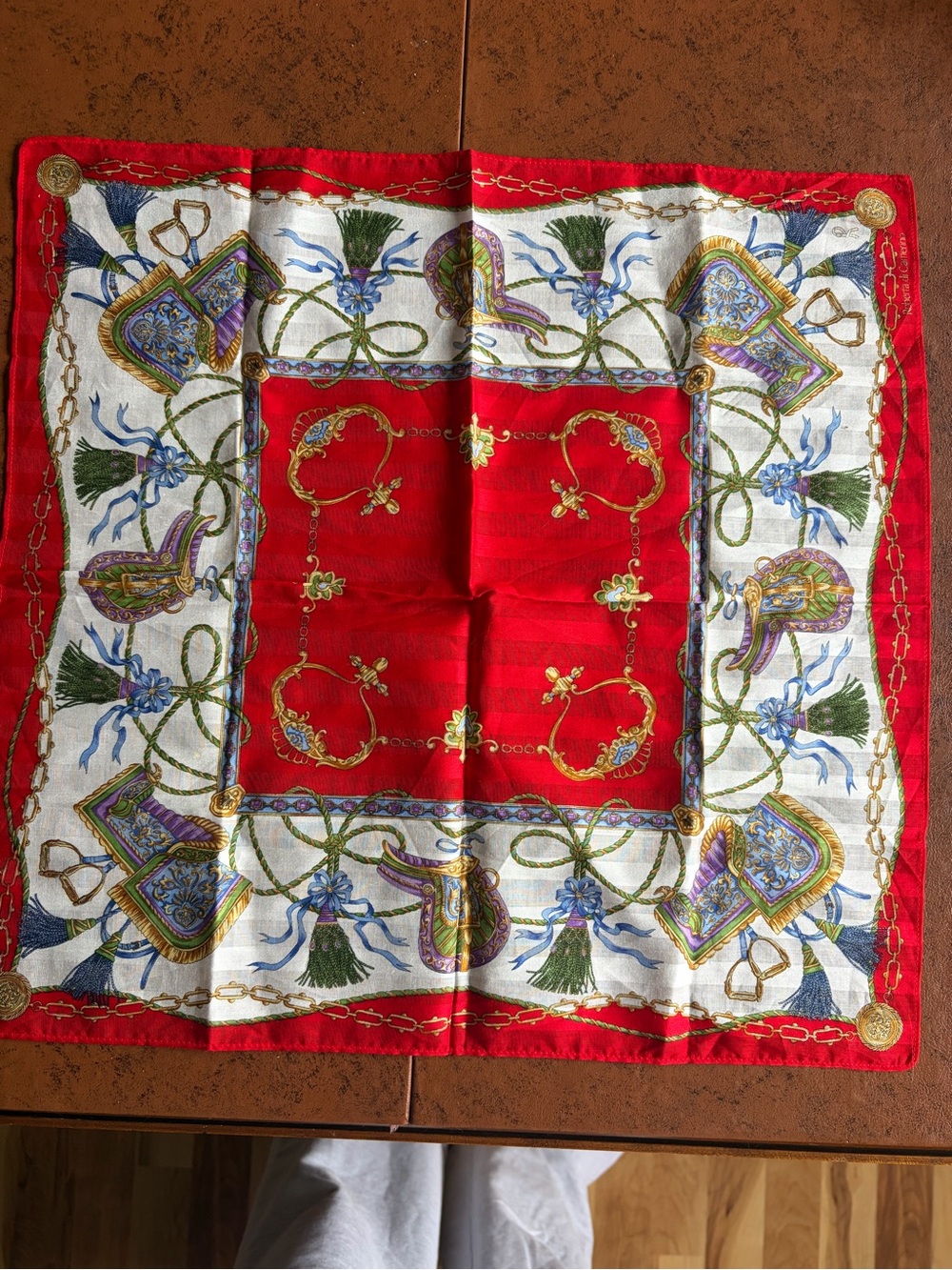 Roberta di Camerino Red, White, Blue and Green Printed Silk Scarf